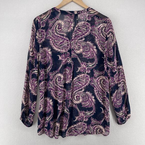 LUCKY BRAND Top Womens M Paisley Popover Chiffon Tunic Blouse Pullover Purple - Picture 2 of 12